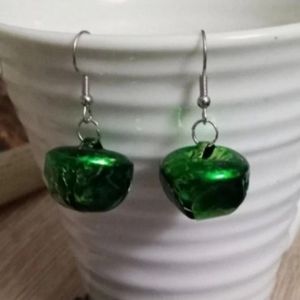 New green metallic jingle bell Christmas Earrings hand crafted
